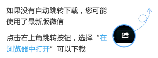 您可能使用了最新版的微信，如果没有直接跳转下载，请您点击右上方的跳转按钮，选择打开浏览器下载。